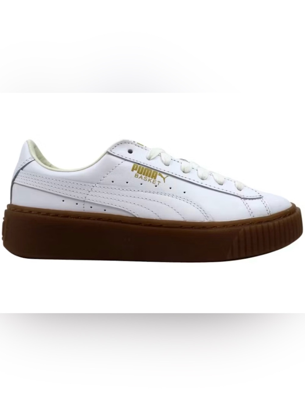 Puma White Leather Low-Top Sneaker with Brown Gum Platform